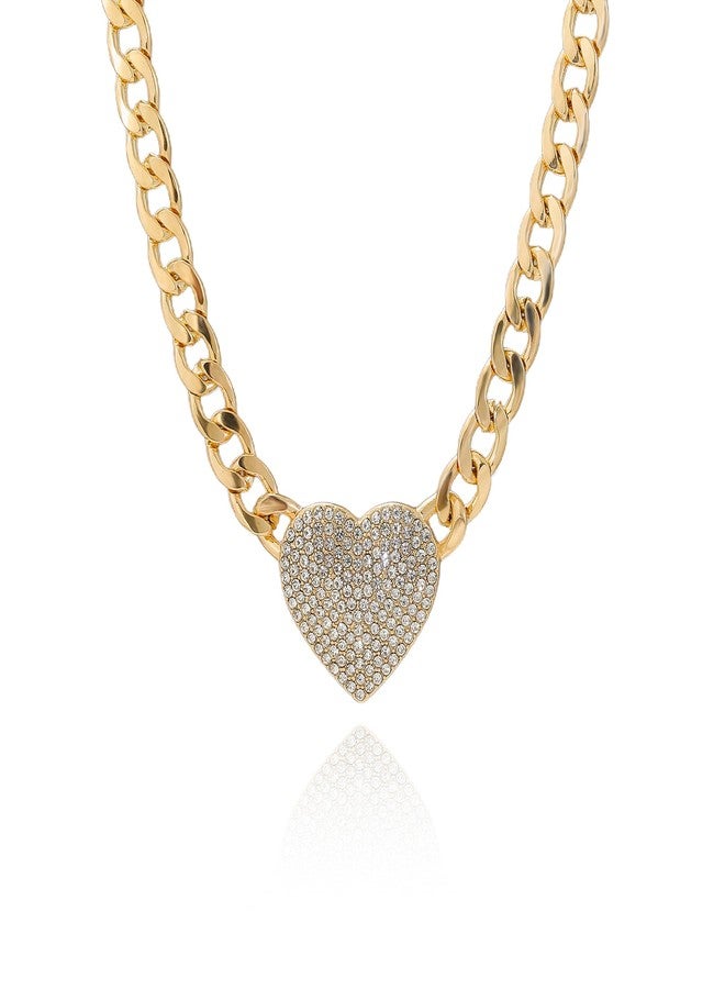 IS4U Crystal Chunky Heart Necklace Gold Silver Black Cuban Chain Choker Sparkling Rhinestone Love Heart Pendant Necklace Gold Chunky Necklace Punk Rock Hip Hop Style Jewelry for Men and Women (Gold) - Image 1